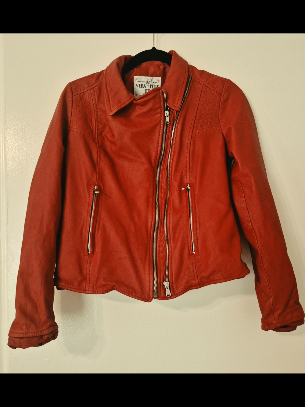 Vera Pelle Red Leather Asymmetrical Zip Moto Jacket